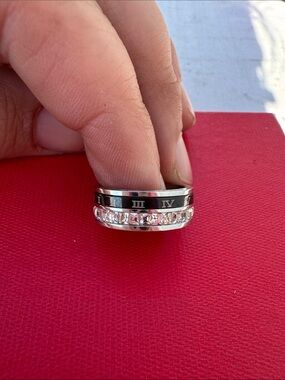 Women's Silver-Tone Roman Numeral Ring with Clear Crystal Row